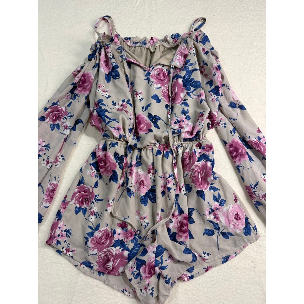 Altar'd State Floral Cold Shoulder Romper Pink Purple Rose Long Sleeve Small